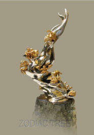 Baum Massiv Silber Sterling 925, 12 Tierkreiszeichen in Silber 999 Feuervergoldet mit Brillant Augen, Sockel Edelserpentin, Unikat      40 cm - 2004